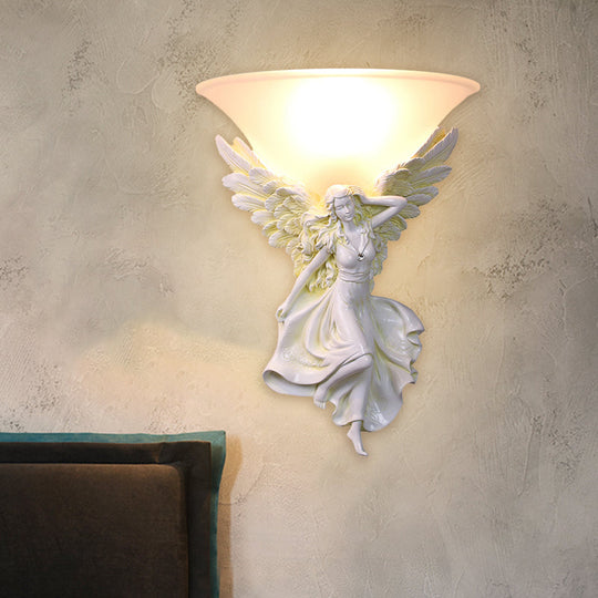 Traditional Frosted Glass Wall Sconce With Angel Backplate In White/Gold - 1 Bulb White / Left