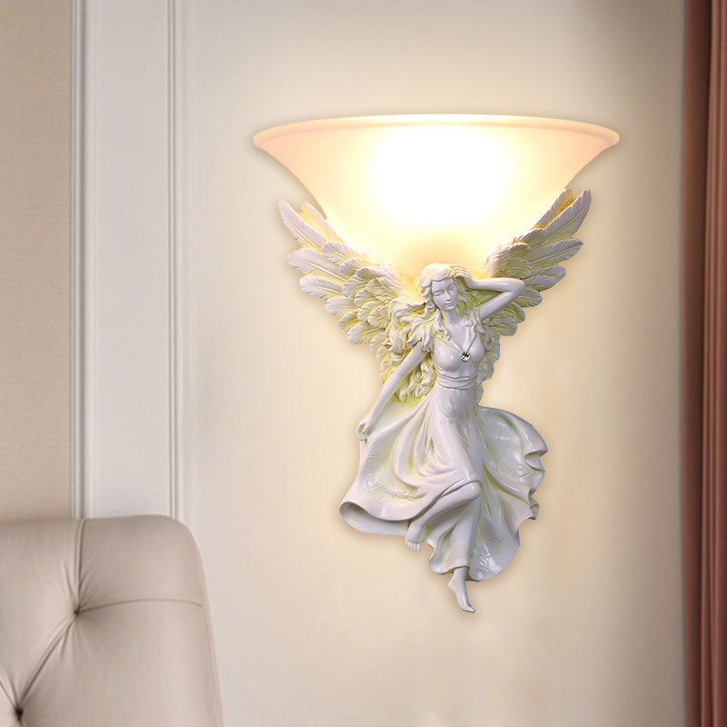 Traditional Frosted Glass Wall Sconce With Angel Backplate In White/Gold - 1 Bulb