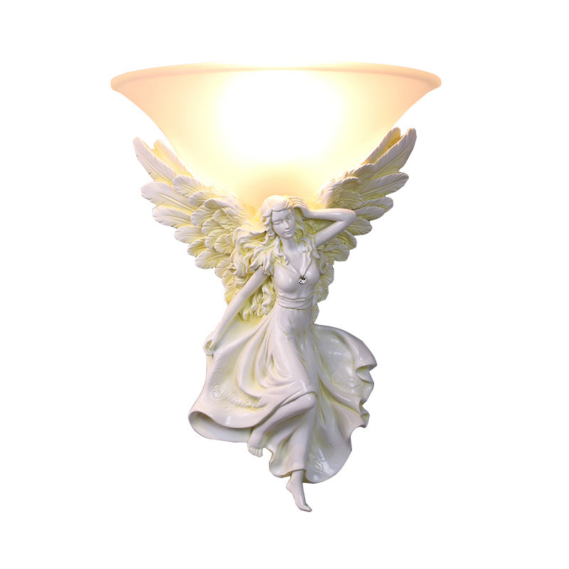 Traditional Frosted Glass Wall Sconce With Angel Backplate In White/Gold - 1 Bulb