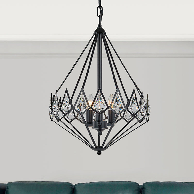 Modern Diamond Suspension Pendant Chandelier with 3 Metallic Heads and Crystal Encrustation in Black Elegant Parlor