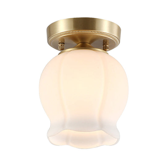 Vintage Brass Bud Semi - Mounted Ceiling Light Fixture With Cream Glass - 1 Bulb