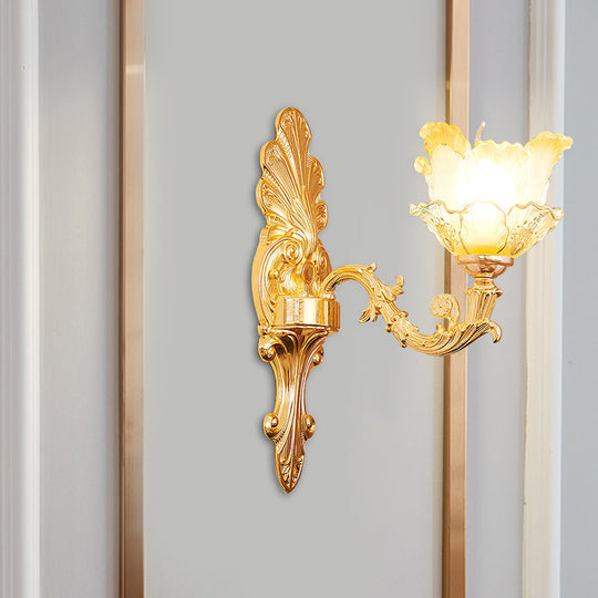 Classic Gold Wall Sconce Light With Ruffle Glass Flower And Curvy Arm 1 /