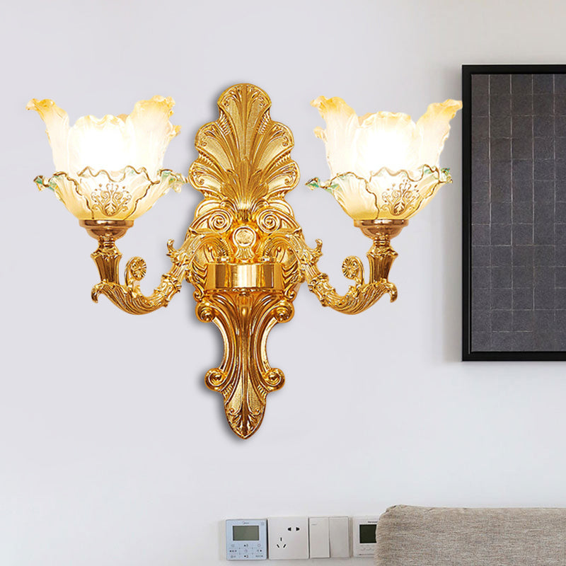 Classic Gold Wall Sconce Light With Ruffle Glass Flower And Curvy Arm 2 /