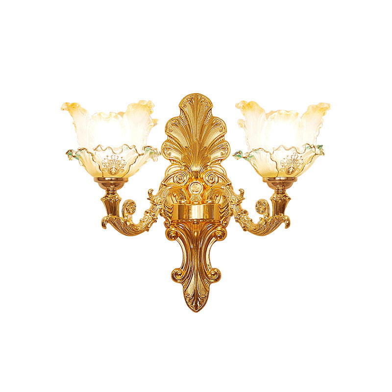 Classic Gold Wall Sconce Light With Ruffle Glass Flower And Curvy Arm