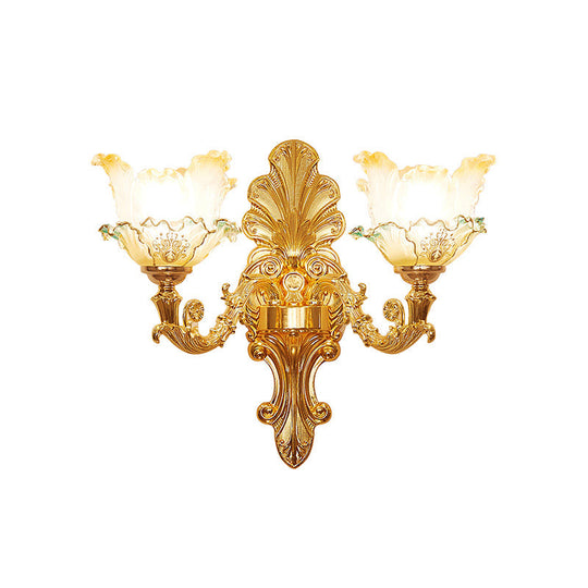 Classic Gold Wall Sconce Light With Ruffle Glass Flower And Curvy Arm