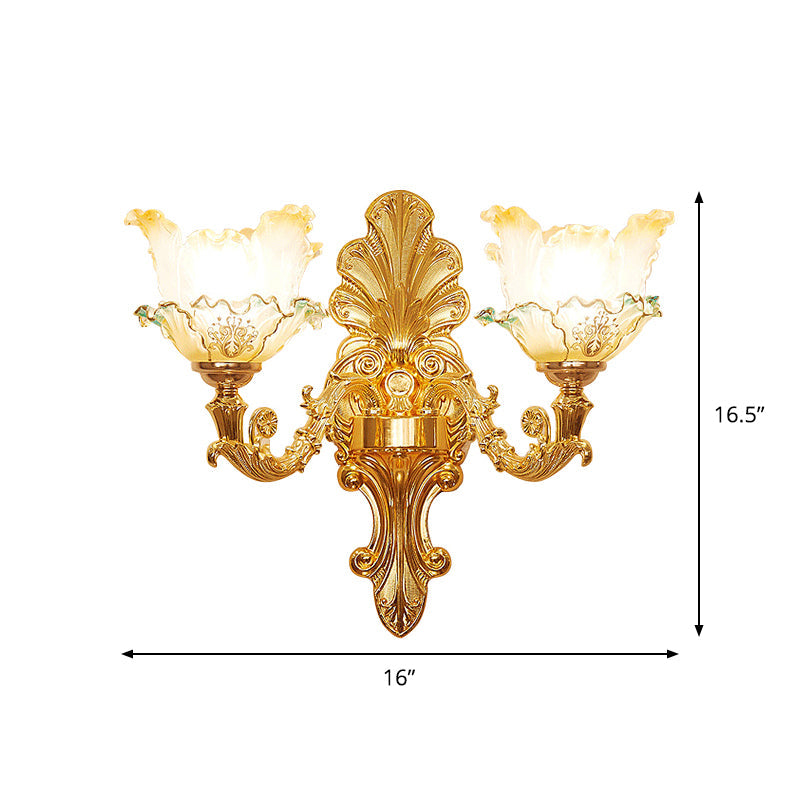 Classic Gold Wall Sconce Light With Ruffle Glass Flower And Curvy Arm