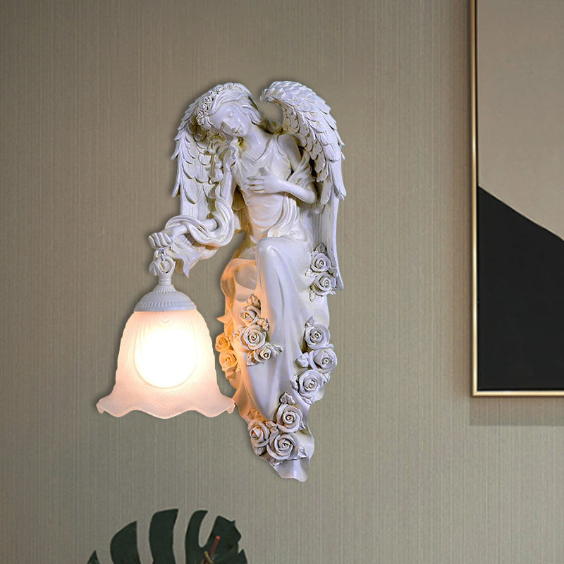Traditional Double Angel Wall Lamp - White Resin Single Light Left/Right Mount