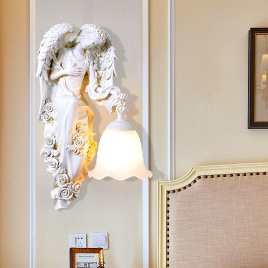 Traditional Double Angel Wall Lamp - White Resin Single Light Left/Right Mount