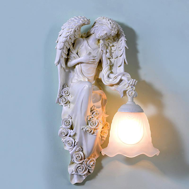 Traditional Double Angel Wall Lamp - White Resin Single Light Left/Right Mount
