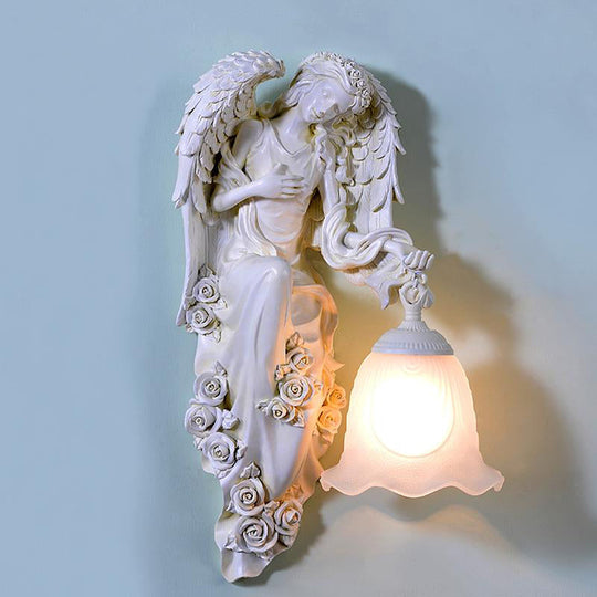 Traditional Double Angel Wall Lamp - White Resin Single Light Left/Right Mount