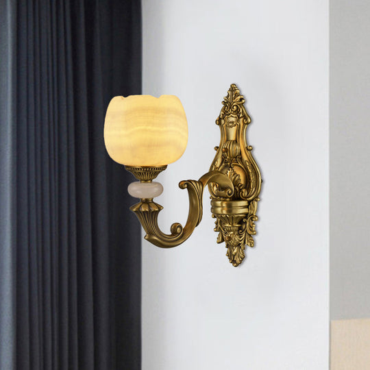 Rustic Brass Finish 1-Head Wall Sconce With Arched Arm - Flower Mount Lighting