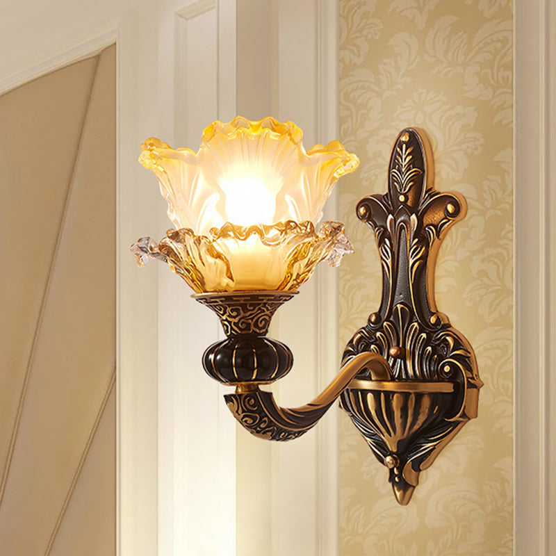 Rustic Half-Head Wall Lamp With Curvy Metallic Design And Flower Amber Glass Shade - Brass Finish 1