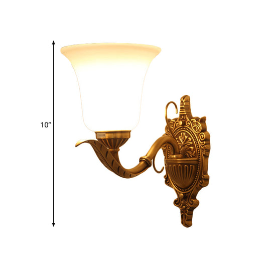 Opal Glass Brass Wall Mount Light - Traditional Style With Carved Backplate 1 Bell Shade