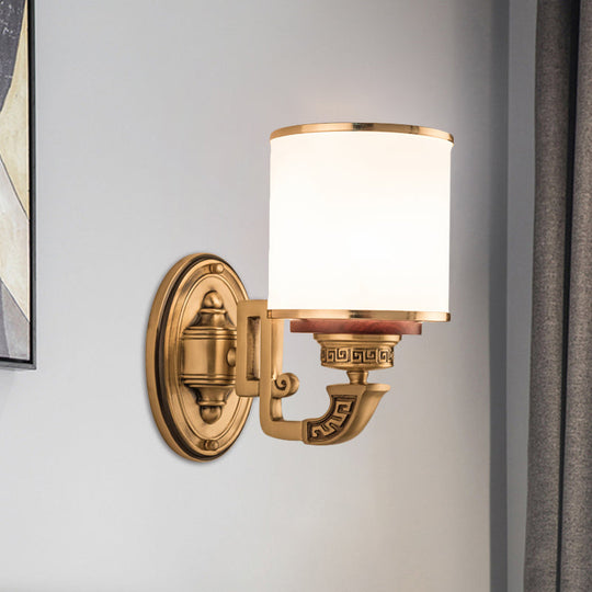 Cylinder Wall Sconce With Brass Finish And White Glass - Living Room Lamp