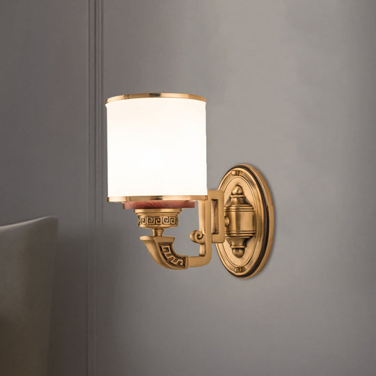 Cylinder Wall Sconce With Brass Finish And White Glass - Living Room Lamp