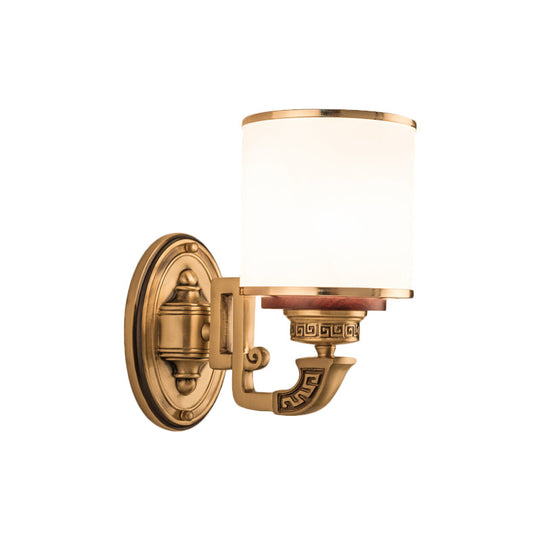 Cylinder Wall Sconce With Brass Finish And White Glass - Living Room Lamp