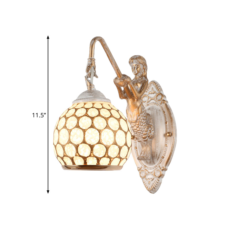 Traditional Style Metal Wall Sconce Light With Resin Mermaid Backplate Sphere Design For Bedroom