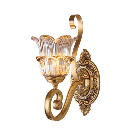 Country-Style Brass Wall Sconce With Crystal Glass Flower Accent And Swooping Arm - 1/2 Bulb Light