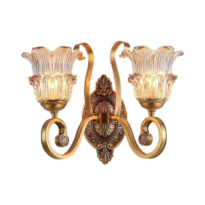 Country-Style Brass Wall Sconce With Crystal Glass Flower Accent And Swooping Arm - 1/2 Bulb Light