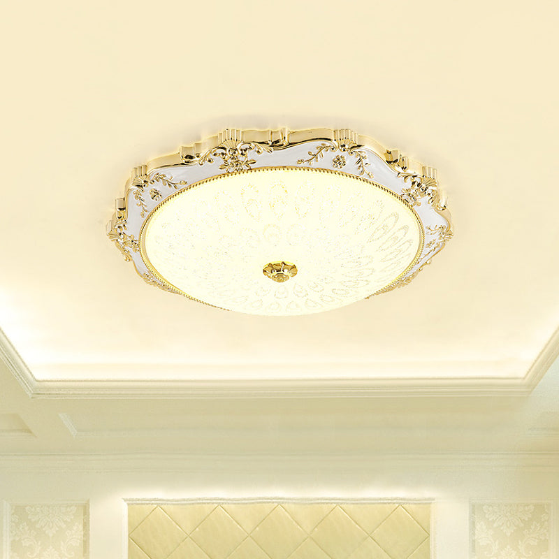 Led Round Ceiling Flush - Traditional White And Gold Mount Lighting With Milky Glass Print