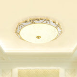 Led Round Ceiling Flush - Traditional White And Gold Mount Lighting With Milky Glass Print