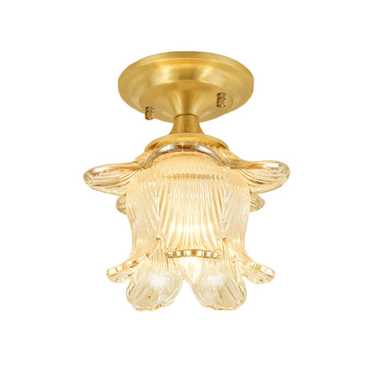 Gold Ribbed Glass Ceiling Mounted Fixture: Classic Blossom Semi Flush With 1 - Bulb