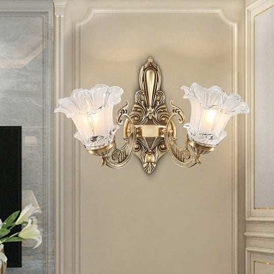 Countryside Flower Shaped Wall Lamp With Clear Ridged Glass And Brass Bulbs