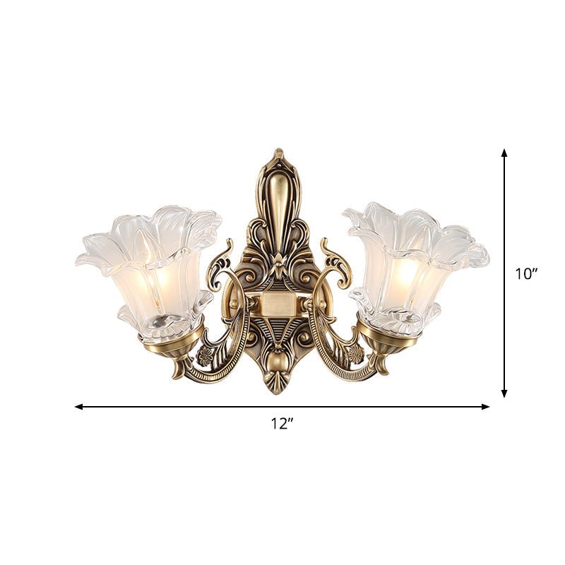 Countryside Flower Shaped Wall Lamp With Clear Ridged Glass And Brass Bulbs