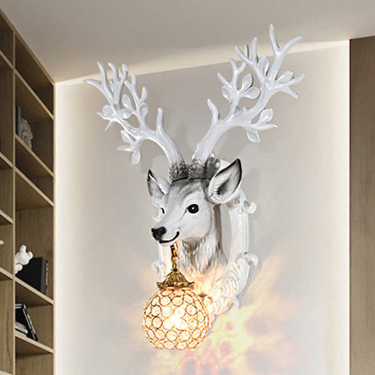 Retro-Style Deer Head Wall Sconce: Resin 1-Light White Lamp With Crystal Shade