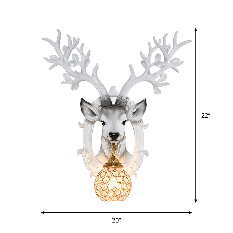 Retro-Style Deer Head Wall Sconce: Resin 1-Light White Lamp With Crystal Shade