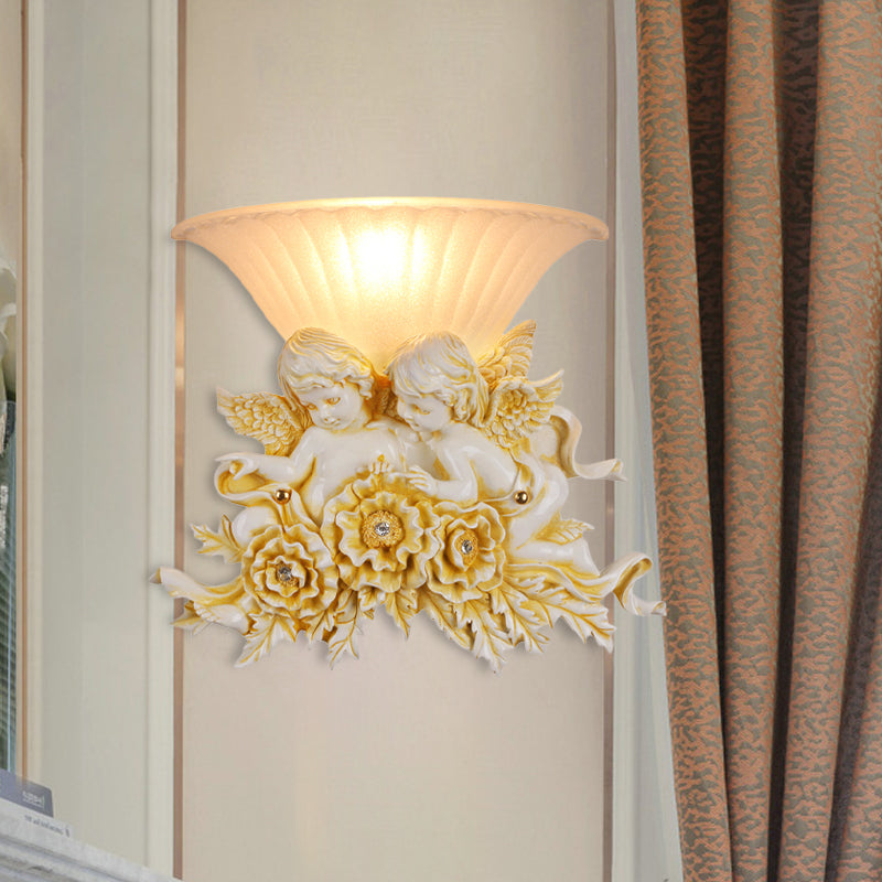 Rustic Gold/Beige Opal Fluted Glass Wall Light With Dual Angels Decor - Mounted Lamp Beige