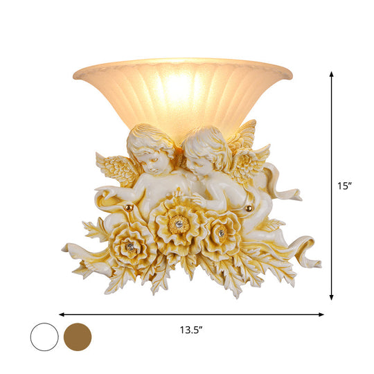 Rustic Gold/Beige Opal Fluted Glass Wall Light With Dual Angels Decor - Mounted Lamp