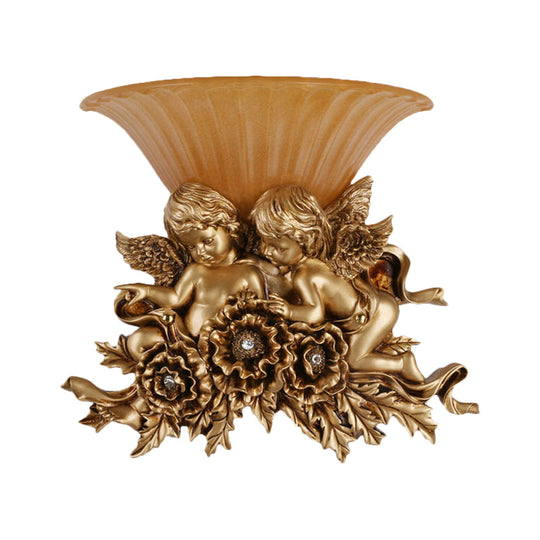 Rustic Gold/Beige Opal Fluted Glass Wall Light With Dual Angels Decor - Mounted Lamp