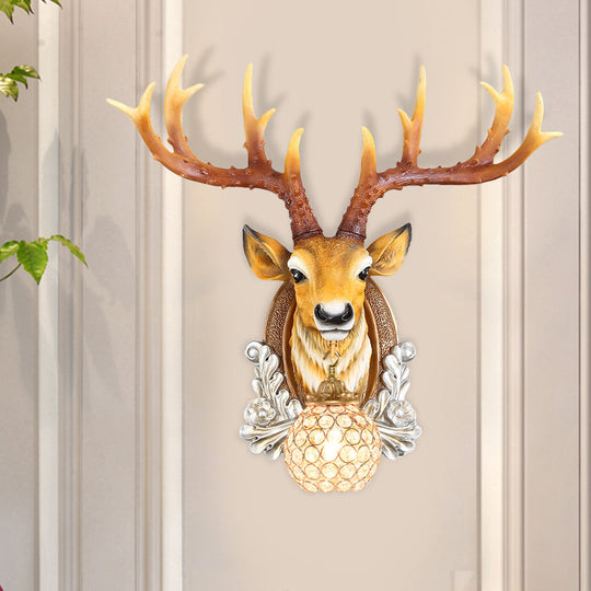 Grey/Yellow Deer Head Wall Sconce With Beveled K9 Crystal For Living Room