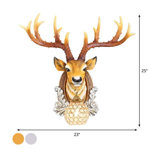 Grey/Yellow Deer Head Wall Sconce With Beveled K9 Crystal For Living Room
