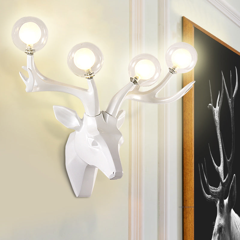 Classic Style Sika Deer Wall Lamp With Clear Crystal Shade - 4 Heads Black/White/Blue Resin For