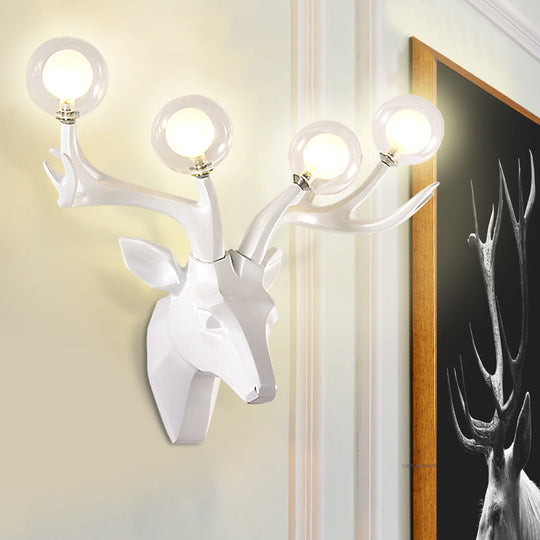 Classic Style Sika Deer Wall Lamp With Clear Crystal Shade - 4 Heads Black/White/Blue Resin For