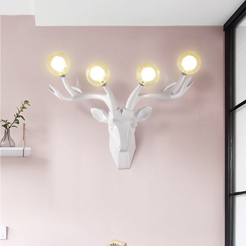 Classic Style Sika Deer Wall Lamp With Clear Crystal Shade - 4 Heads Black/White/Blue Resin For