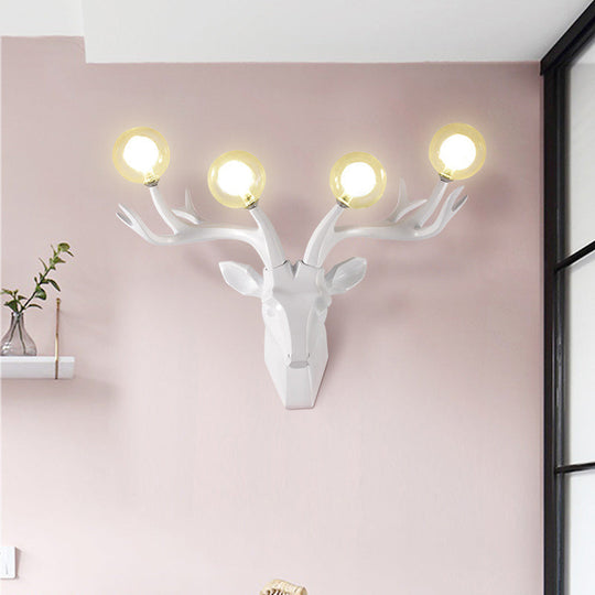 Classic Style Sika Deer Wall Lamp With Clear Crystal Shade - 4 Heads Black/White/Blue Resin For