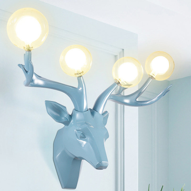 Classic Style Sika Deer Wall Lamp With Clear Crystal Shade - 4 Heads Black/White/Blue Resin For