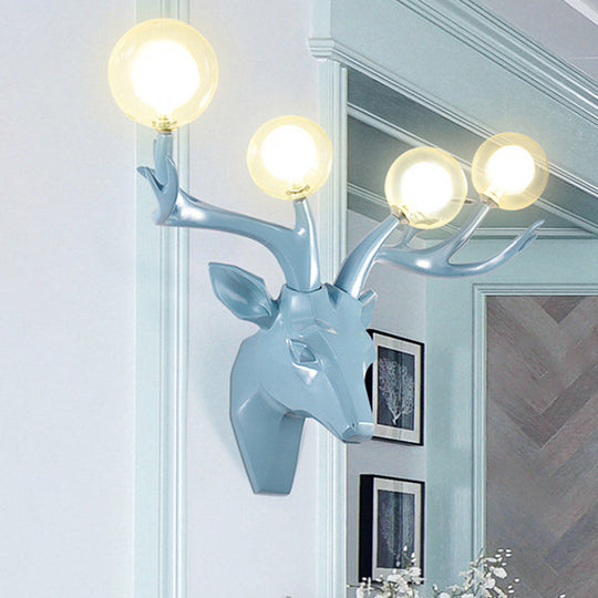Classic Style Sika Deer Wall Lamp With Clear Crystal Shade - 4 Heads Black/White/Blue Resin For