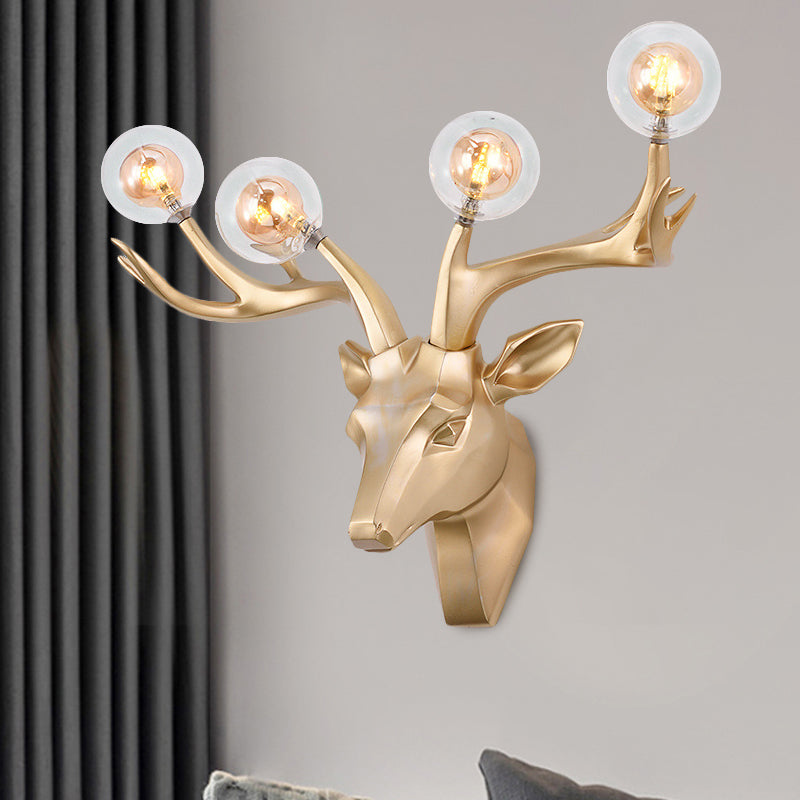 Classic Style Sika Deer Wall Lamp With Clear Crystal Shade - 4 Heads Black/White/Blue Resin For