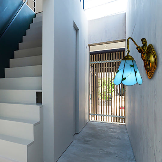 Tiffany Lily Blue/Yellow Glass Wall Sconce For Hallway - Elegant Head Mounted Light Fixture