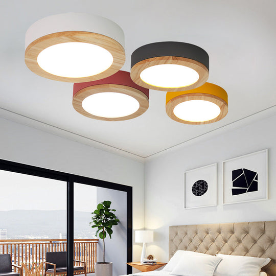 Kids Drum Ceiling Light With Wood And Acrylic Shade - Ideal Bedroom Flush Mount Fixture