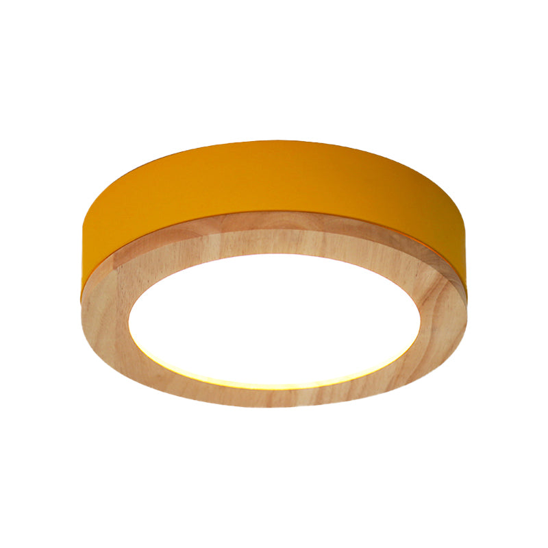 Kids Drum Ceiling Light With Wood And Acrylic Shade - Ideal Bedroom Flush Mount Fixture