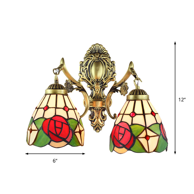 Rustic Tiffany Stained Glass Sconce Lighting - Indoor Wall Light With Aged Brass Finish