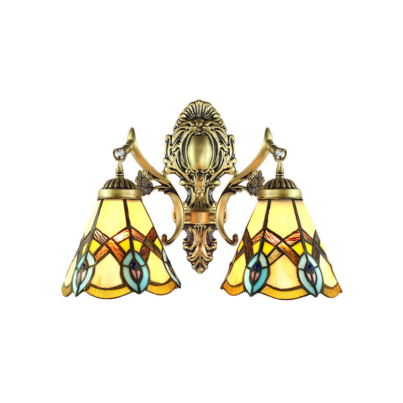 Rustic Tiffany Stained Glass Sconce Lighting - Indoor Wall Light With Aged Brass Finish