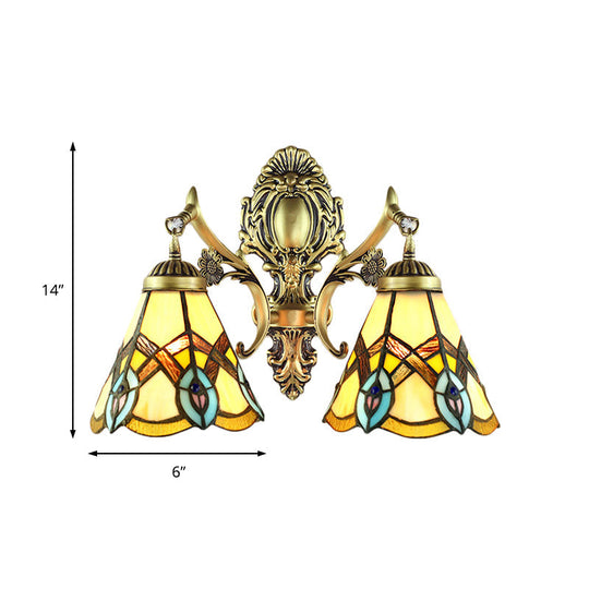 Rustic Tiffany Stained Glass Sconce Lighting - Indoor Wall Light With Aged Brass Finish