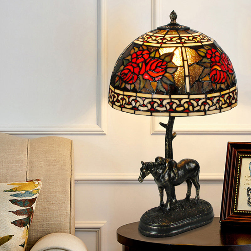 Rastaban - Vintage Stained Glass Bronze Desk Lamp Bowl 1-Bulb Night Table Light With Boy On Horse