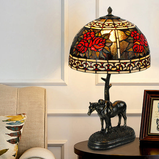 Vintage Stained Glass Bronze Desk Lamp 1-Bulb Night Table Light With Boy On Horse Decoration